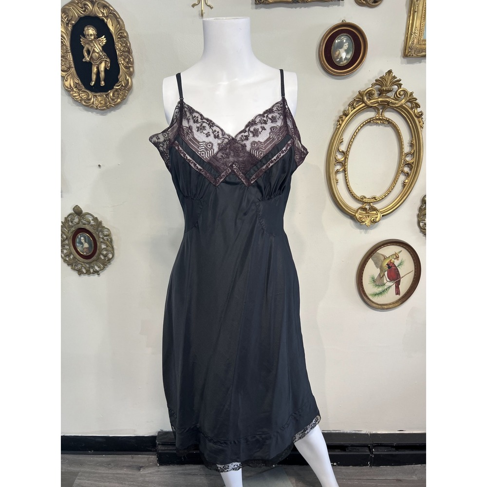 Barbizon Vintage Black Lace Trim Slip Dress Sleeveless Size 16